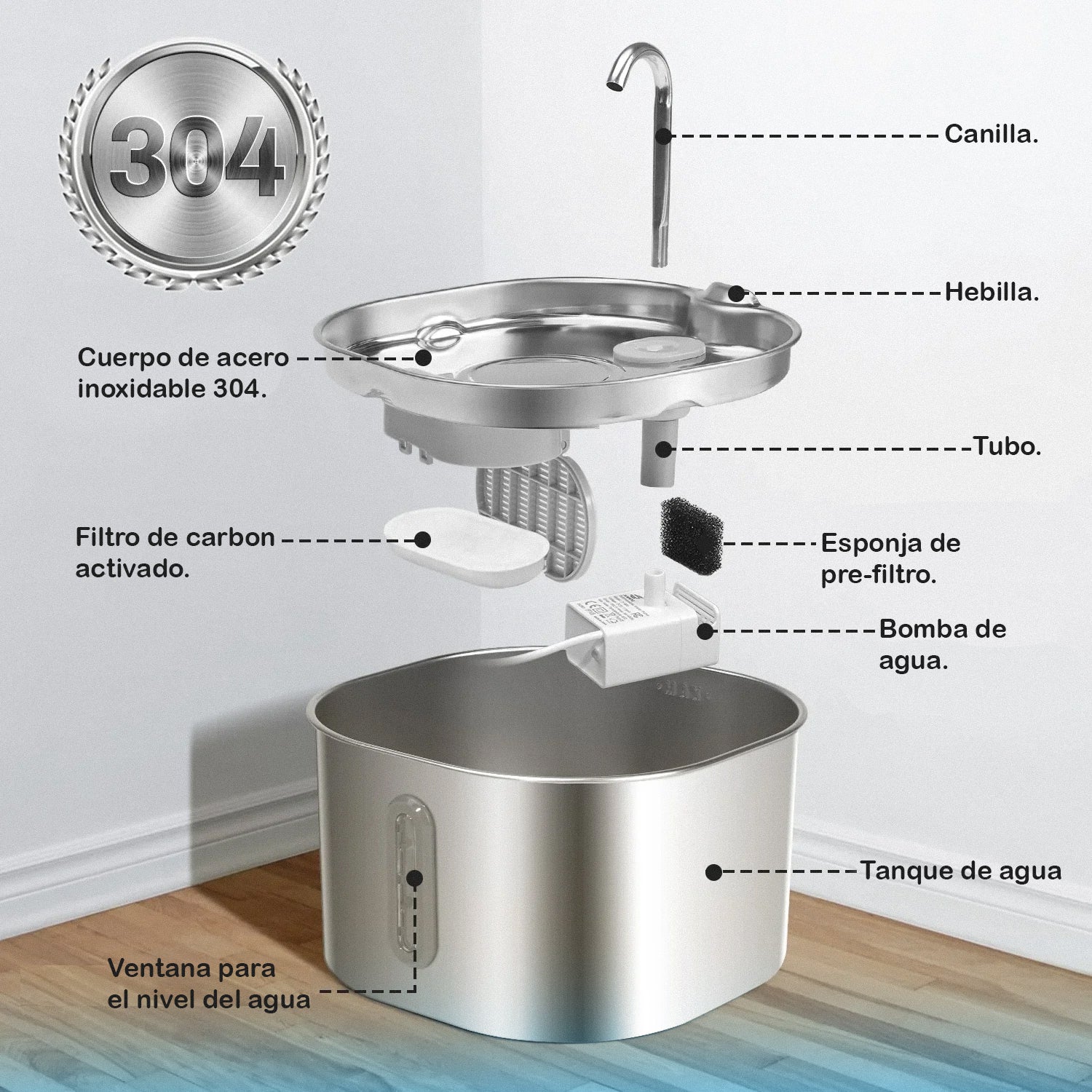 Fuente Automática de Acero Inoxidable 2.2L para Perros y Gatos